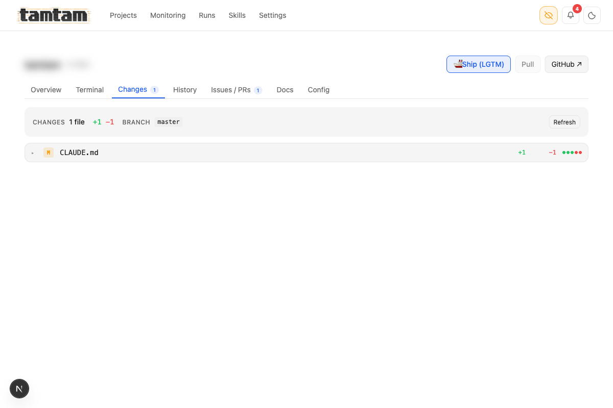 changes tab on tamtam showing 1 unreviewed file CLAUDE.md with a ship button top-right