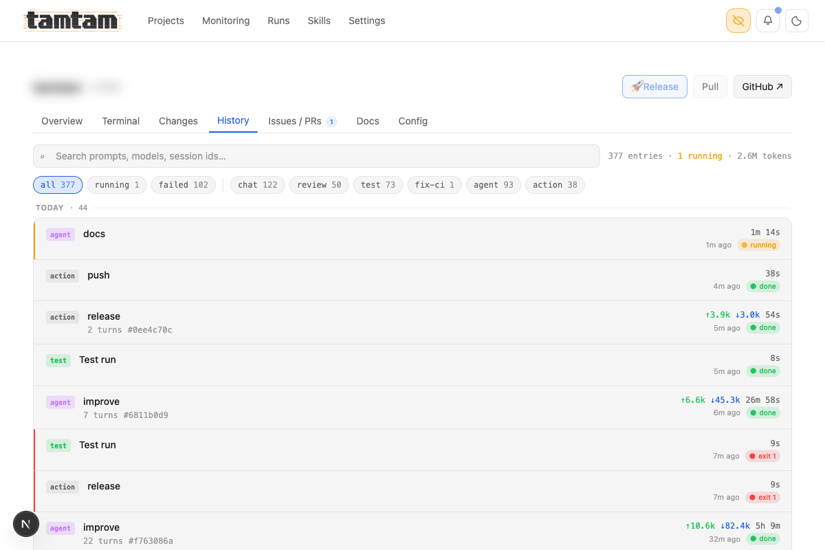 run history view — project history page filterable by kind and status with duration and token counts