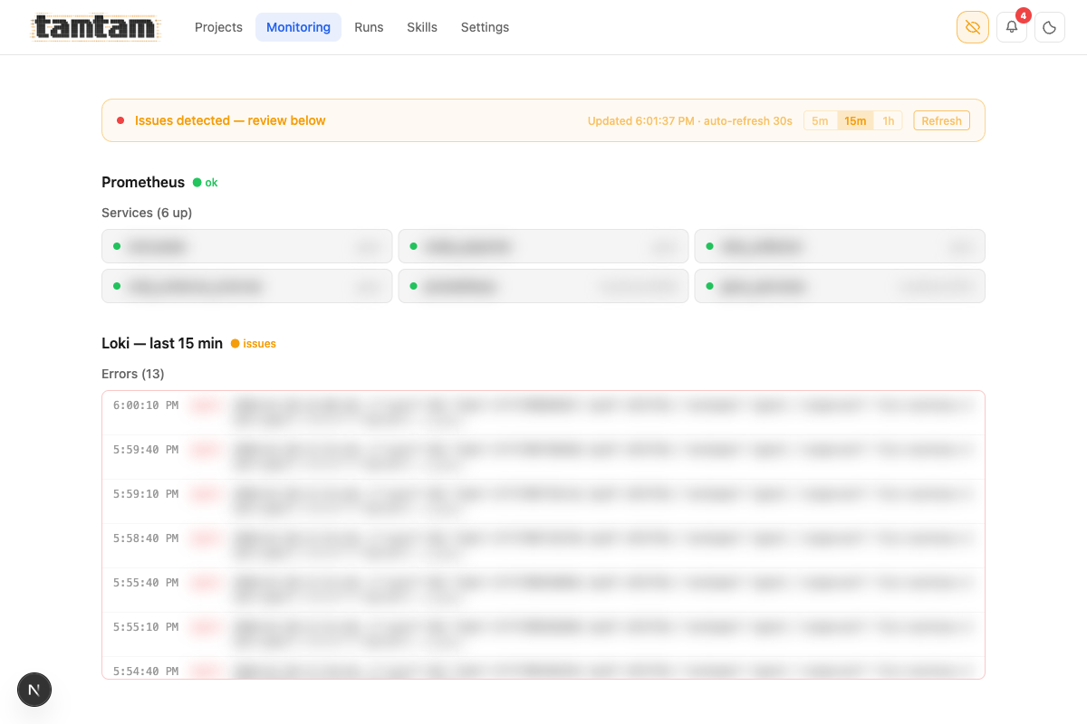 tamtam monitoring page showing Prometheus services up and Loki error log entries
