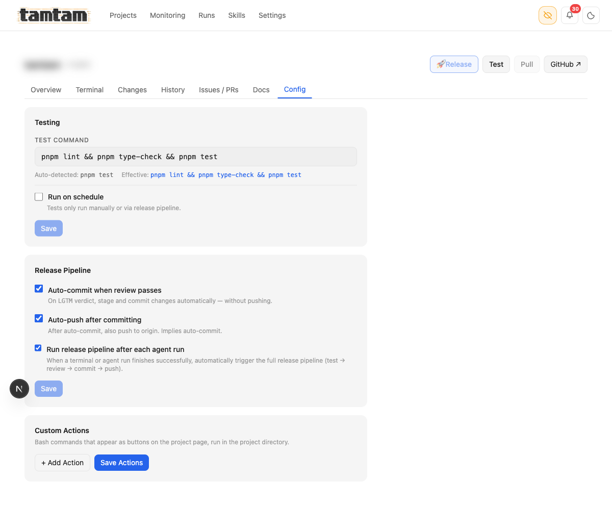 tamtam project config tab showing test command, release pipeline checkboxes, and custom actions sections