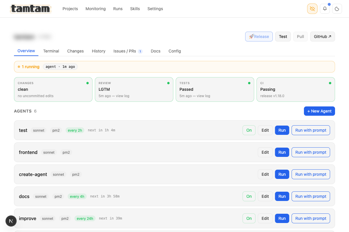 tamtam project overview page showing Changes/Review/Tests/CI status cards and a list of attached agents with schedules and Run buttons