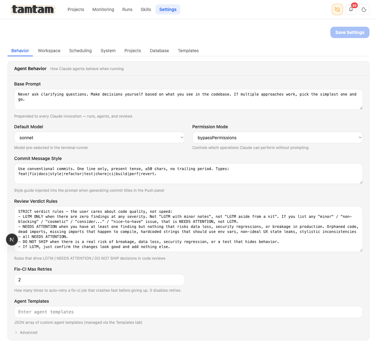 tamtam settings behavior tab showing base prompt, default model, permission mode, commit message style, and review verdict rules
