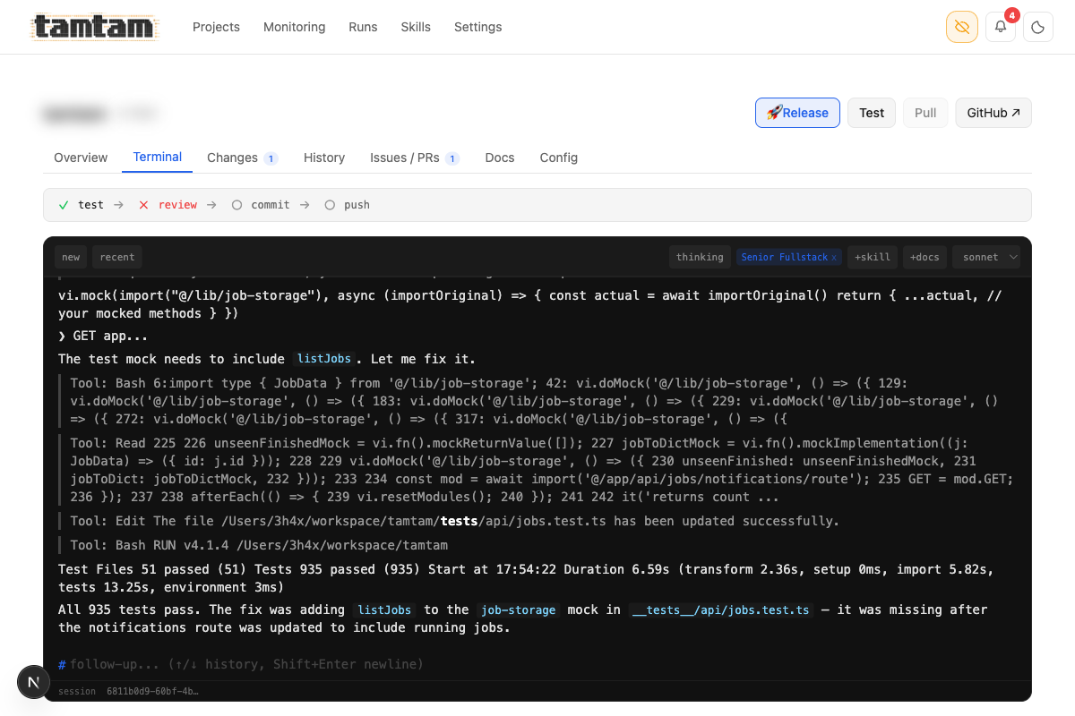 terminal view showing a live Claude session on tamtam fixing a test mock, with Bash/Read/Edit tool calls and a green 935-tests-passed result