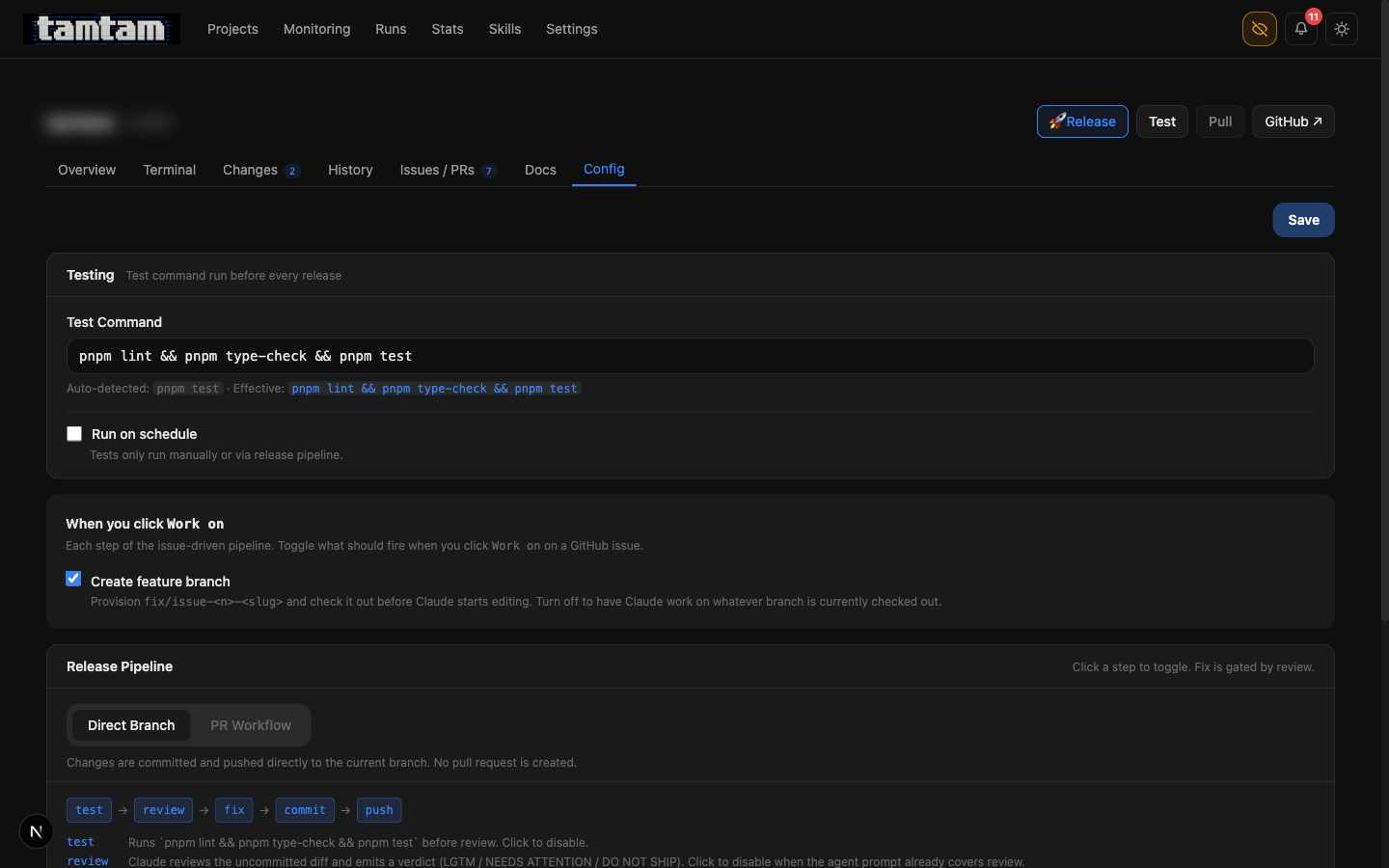 project config page showing the Direct Branch / PR Workflow toggle and the pipeline strip test → review → fix → commit → push rendered visually