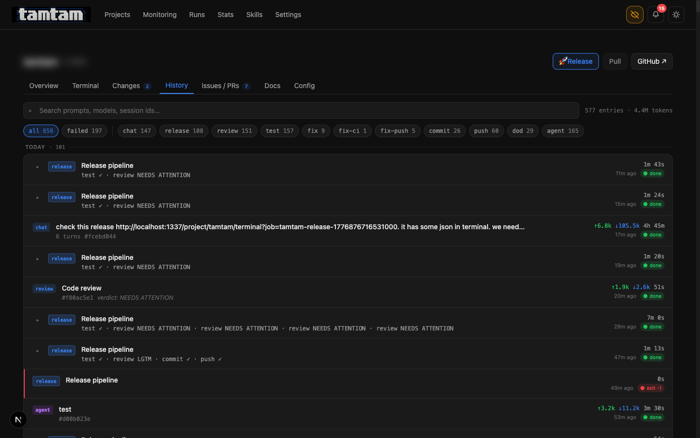 project history tab showing grouped release pipeline runs — each release row expands to show test ✓ / review LGTM / commit ✓ / push ✓ children, and NEEDS ATTENTION paths render with all four review attempts inline