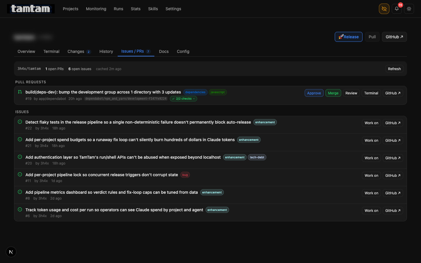 issues/PRs tab on tamtam showing one open PR with 2/2 CI checks green and an Approve/Merge/Review/Terminal row of buttons, plus six open issues each with a Work on button