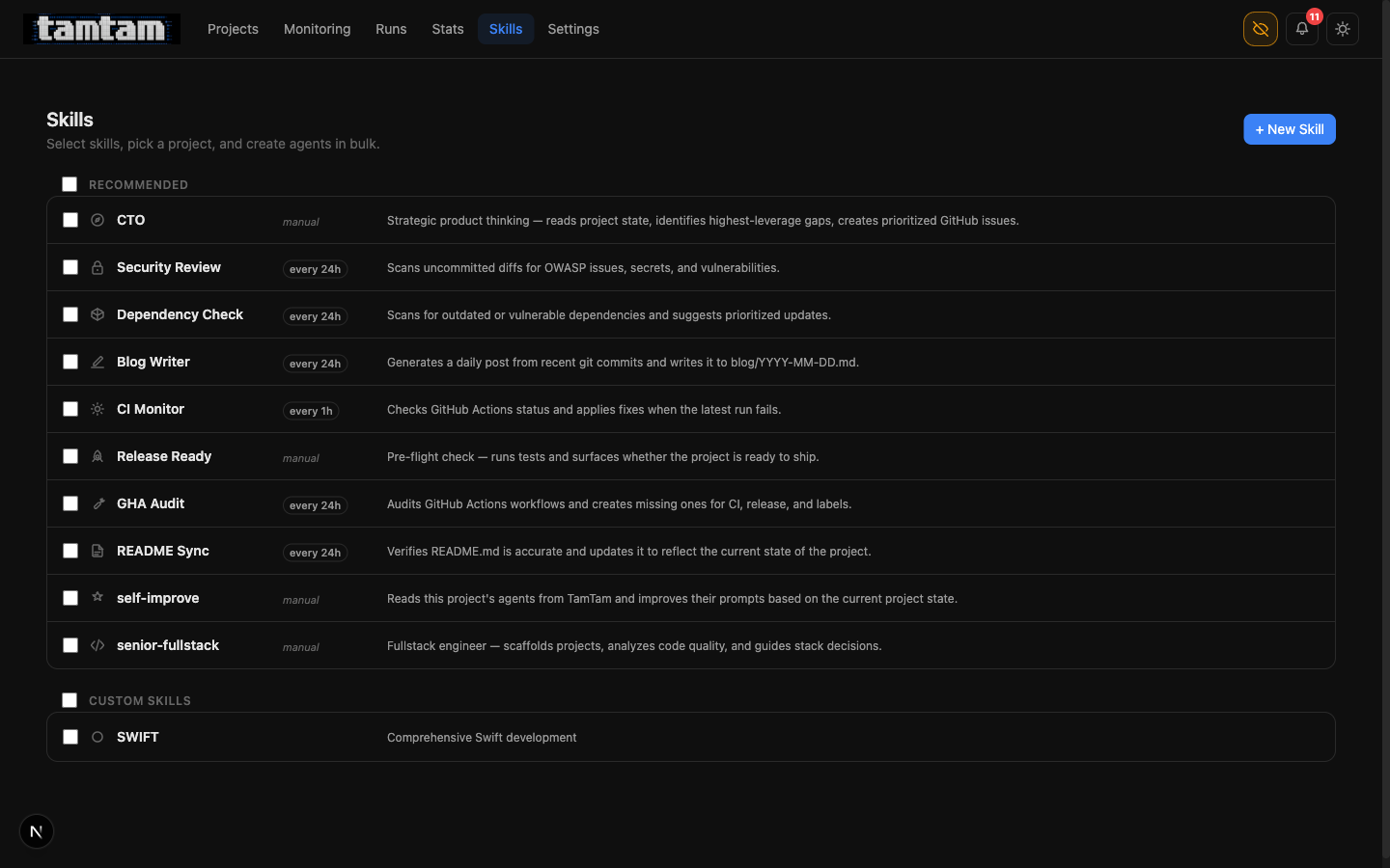 skills page listing built-in recommended skills: CTO, Security Review, Dependency Check, Blog Writer, CI Monitor, Release Ready, GHA Audit, README Sync, self-improve, senior-fullstack, plus custom SWIFT skill